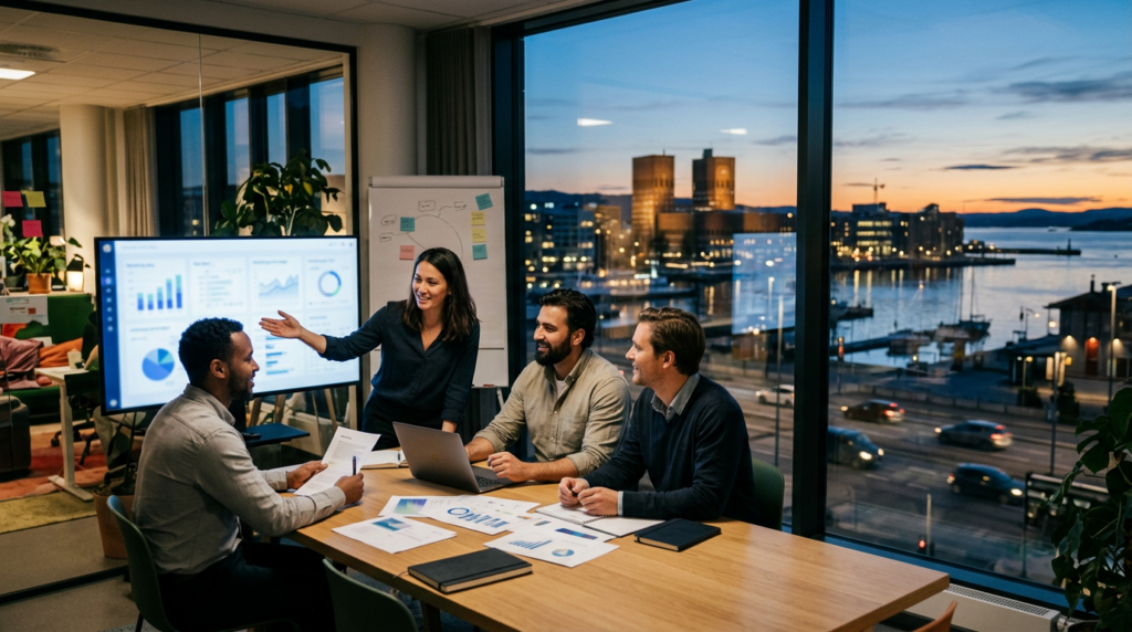 Team i strategimøte analyserer markedsdata og KPI-dashboards i moderne kontor med utsikt over Oslo.
