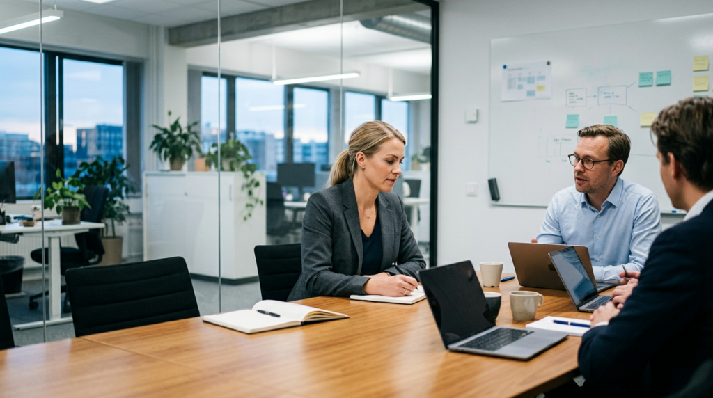 Team diskuterer forretningsstrategi og prosjektplanlegging rundt møtebord i moderne kontor.