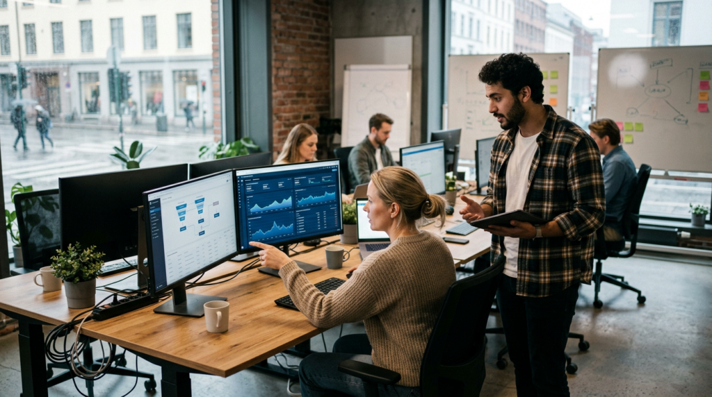 Team analyserer data og dashboards på flere skjermer i moderne kontorlandskap mens kolleger samarbeider om digital analyse og forretningsinnsikt.