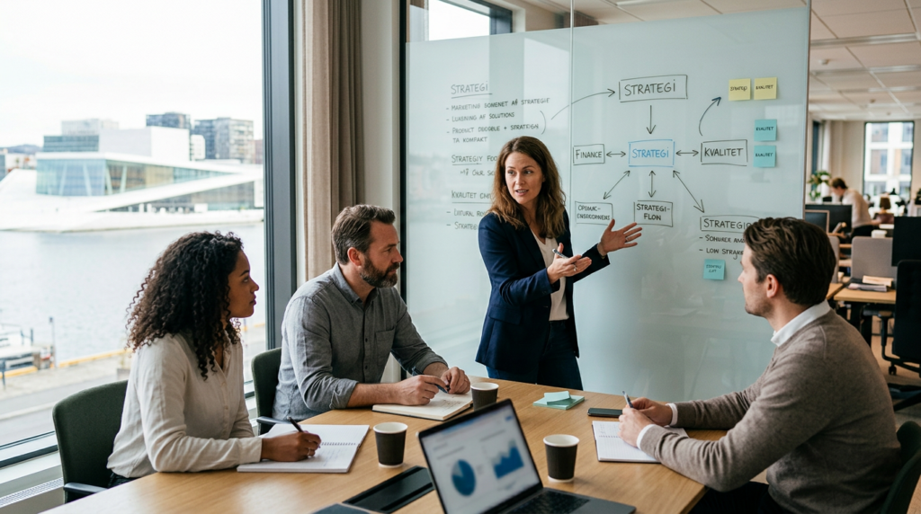 Team i strategimøte hvor leder presenterer forretningsstrategi og analyse på tavle i moderne kontormiljø.