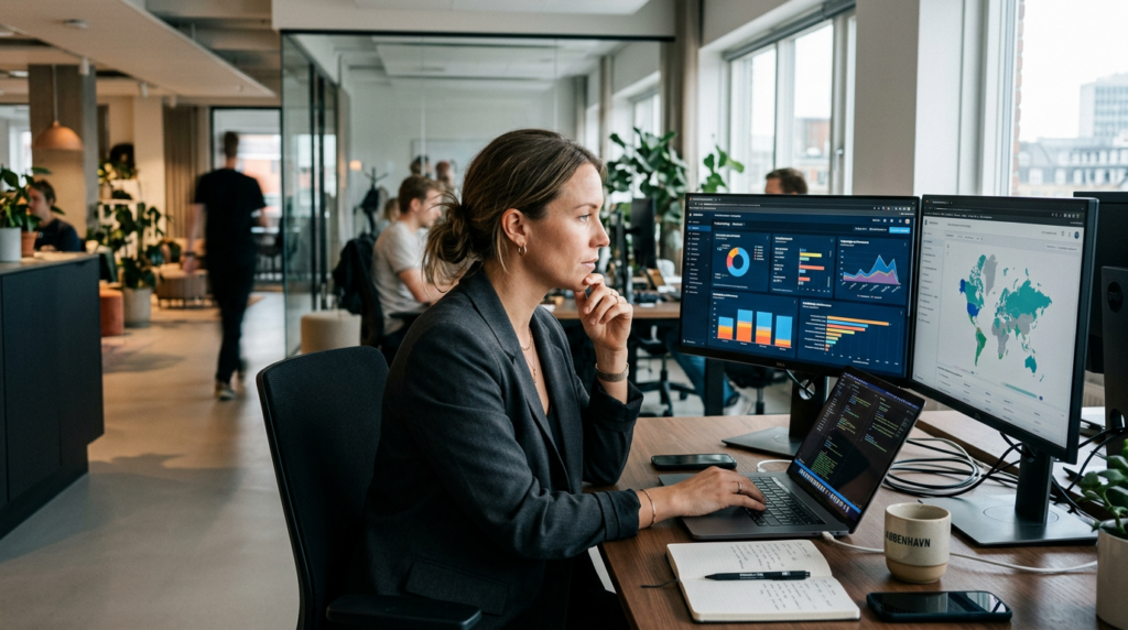 Ansatt jobber med dataanalyse, grafer og dashboards i et moderne arbeidsmiljø.