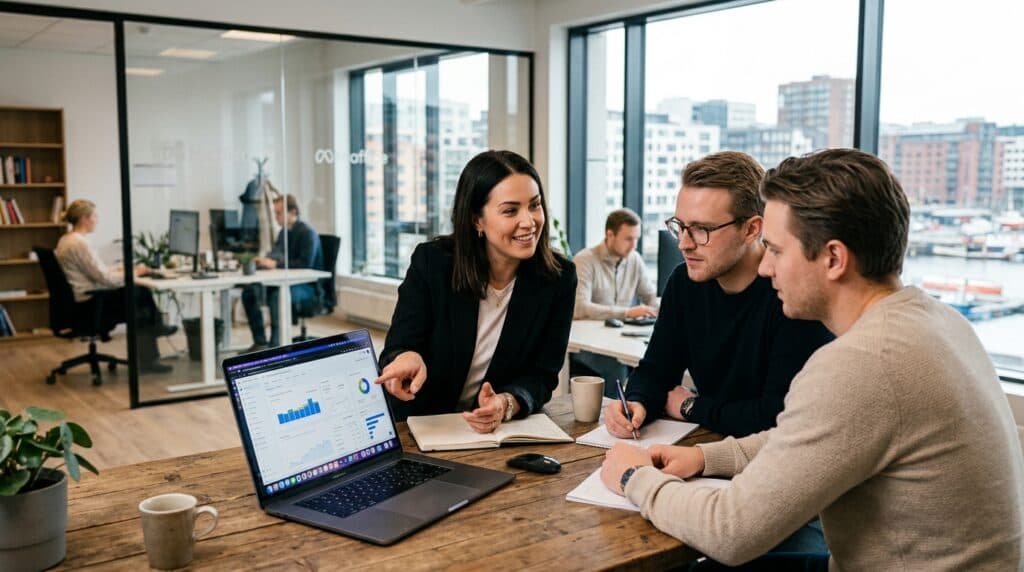 Team diskuterer data og resultater fra analyseverktøy på laptop i møte, med fokus på digital markedsføring, innsikt og datadrevet strategi i kontormiljø.