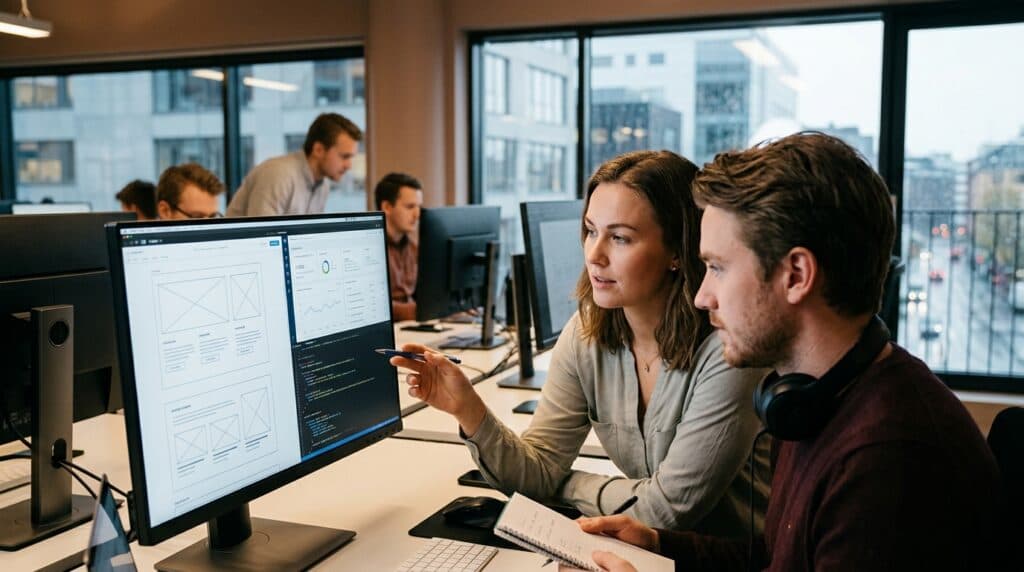 To personer samarbeider om UX-design og frontend-utvikling med wireframes og kode på skjerm i kontormiljø, med fokus på brukeropplevelse og digitale løsninger.
