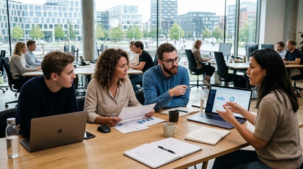 Team diskuterer rapporter og analyser fra digitalt analyseverktøy på laptop i møte, med fokus på datadrevet markedsføring, innsikt og strategi i kontormiljø.