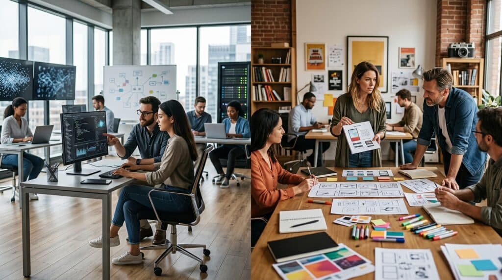 Team som samarbeider om AI-utvikling og UX-design med kode på skjerm og wireframes på bord i moderne kontormiljø.