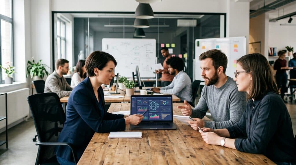 Team samarbeider om analyse av data og AI-innsikt på laptop i møte, med fokus på digital strategi, automatisering og datadrevet markedsføring.