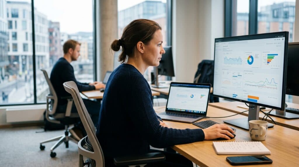 Person analyserer data og KPI-er i analyseverktøy på dataskjerm i kontormiljø, med fokus på digital analyse, rapportering og datadrevet innsikt.