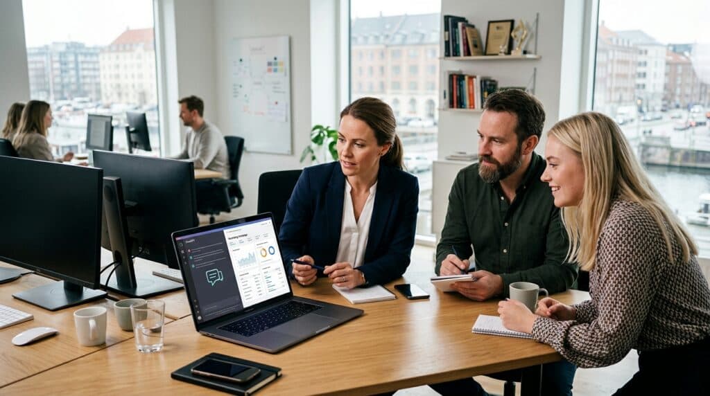 Team analyserer data og bruker AI-verktøy på laptop i møte, med fokus på digital markedsføring, innsikt og datadrevet strategi.