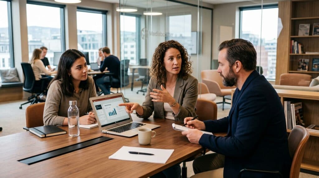 Team diskuterer rapport og analyser på laptop i møte, med fokus på digital markedsføring, innsikt og datadrevet strategi i moderne kontormiljø.