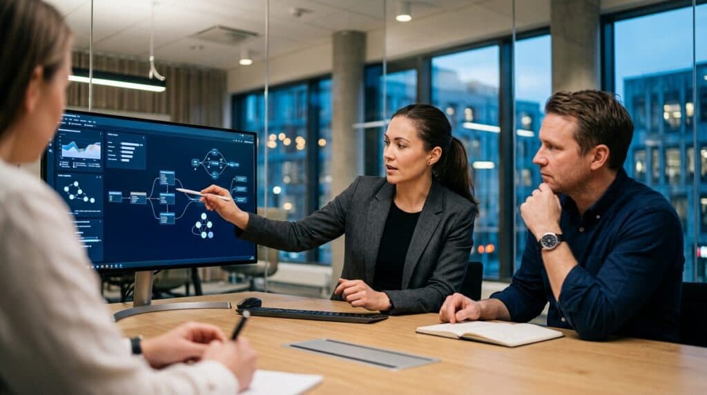 Team gjennomgår dataflyt og analyse i AI-verktøy på skjerm i møte, med fokus på automatisering, innsikt og datadrevet beslutningstaking.