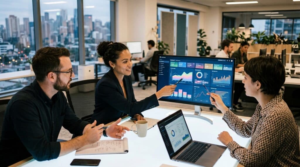 Markedsføringsteam analyserer data i dashboard med grafer og KPI-er på skjerm i moderne kontor, med fokus på digital analyse og datadrevet beslutningstaking.