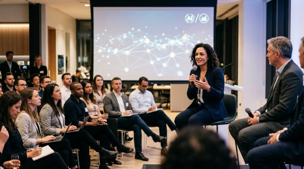 Foredrag om kunstig intelligens og digital transformasjon med paneldebatt foran publikum i konferanselokale.