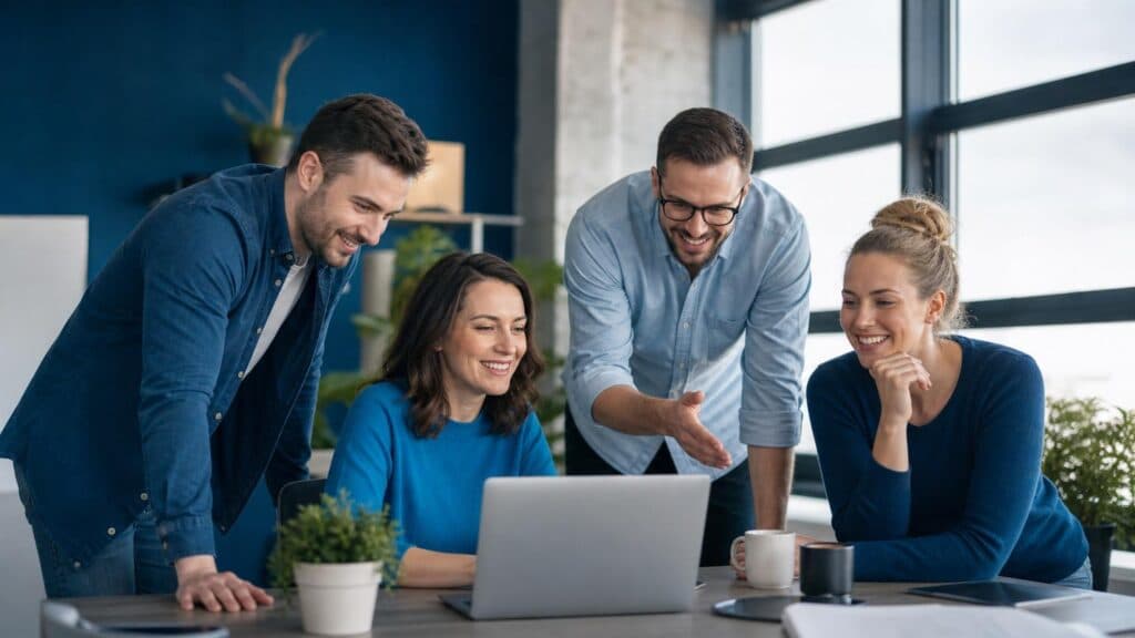 Marketing team collaborating around a laptop to increase website traffic, generate more leads, and drive sales through a targeted strategy from a media agency.
