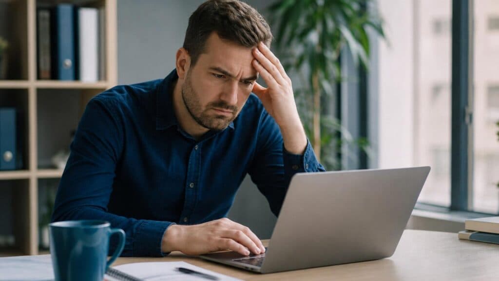 Marketer identifies SEO issues on a laptop that are affecting traffic and conversions; focus on analysis and improvement