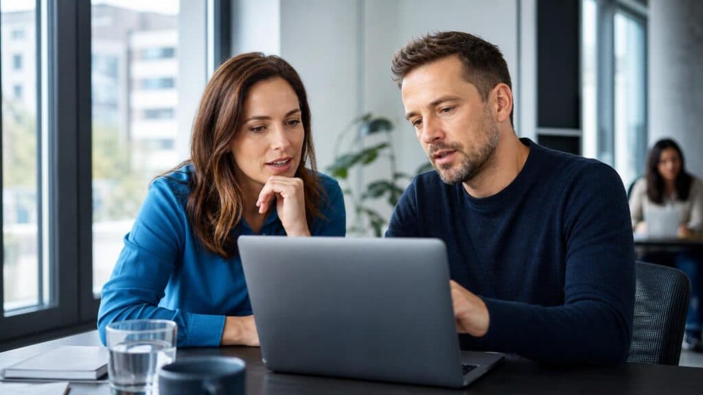Two marketing professionals evaluating SEO strategies and AI tools on a laptop during a meeting, comparing approaches to make better decisions for online visibility, lead generation, and business growth.