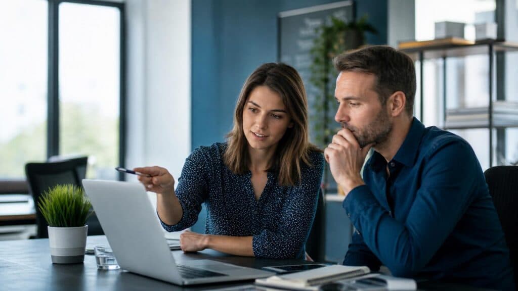 To markedsførere vurderer SEO-strategi på laptop i møte, sammenligner å gjøre SEO selv eller bruke SEO-byrå