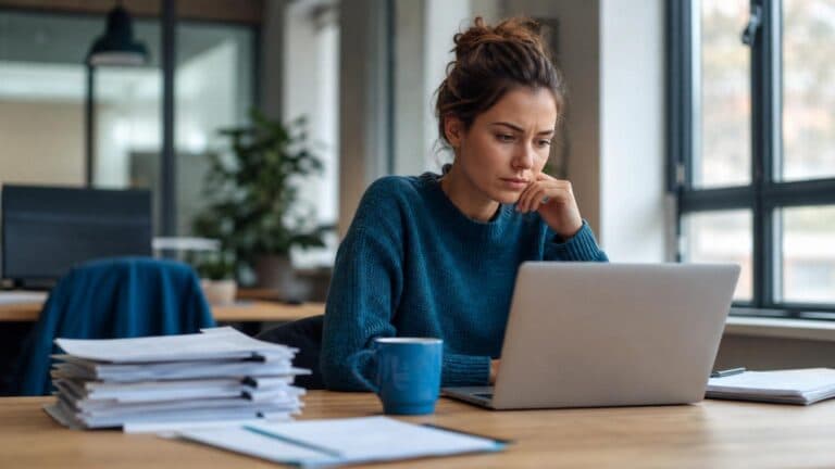 Markedsfører jobber med SEO og innhold på laptop omgitt av notater, fokus på å rydde opp i myter og finne strategier som faktisk fungerer