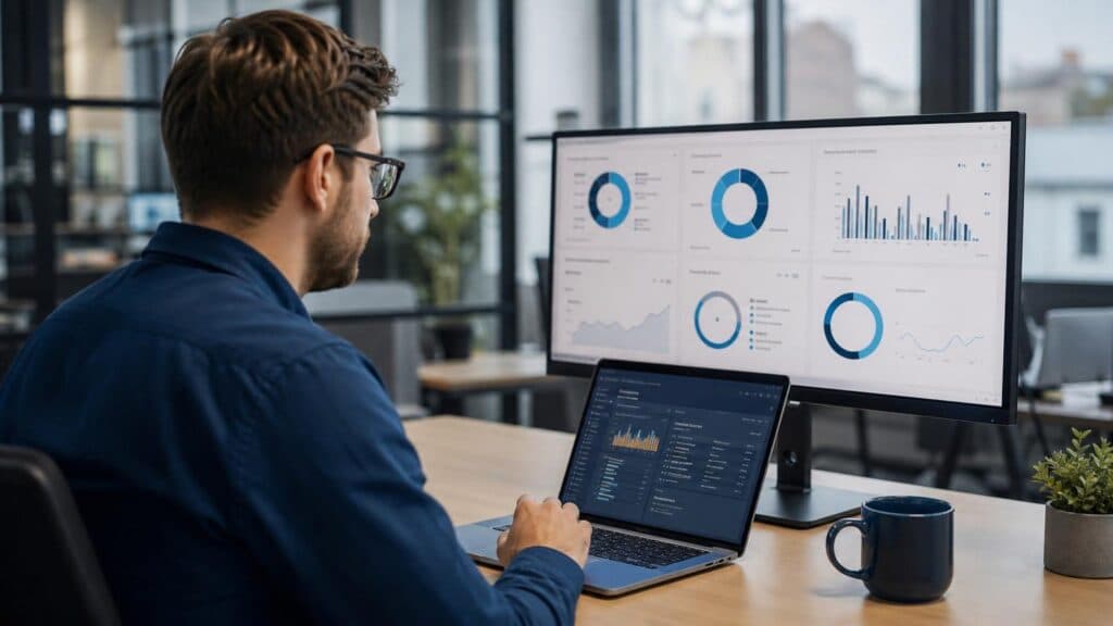SEO-spesialist analyserer teknisk SEO, AI-dashboards og trafikkdata på flere skjermer for å optimalisere innhold og synlighet