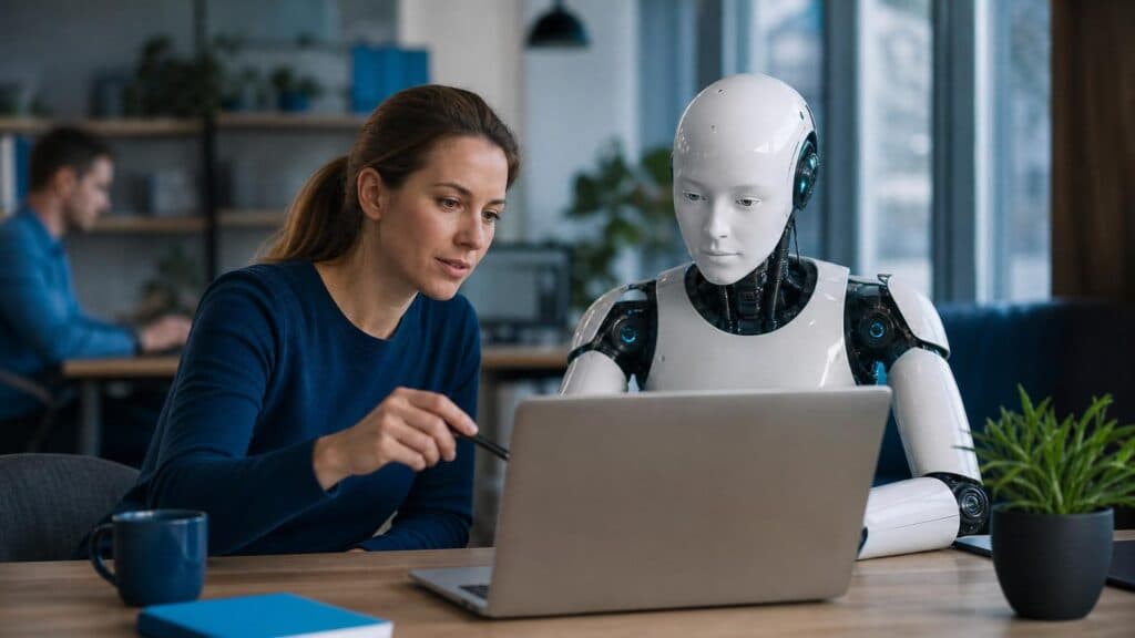 SEO-spesialist samarbeider med AI-verktøy på laptop for å analysere data, optimalisere innhold og tilpasse seg AI-søk i 2026