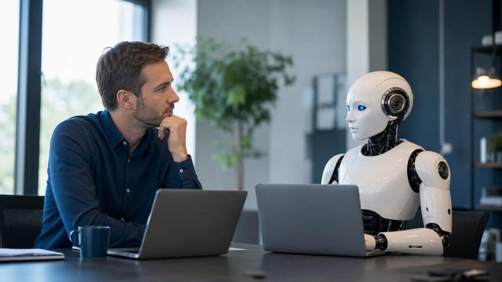 Markedsfører sammenligner SEO-byrå og AI-verktøy på laptop i møte, fokus på strategi, automatisering og bedre resultater