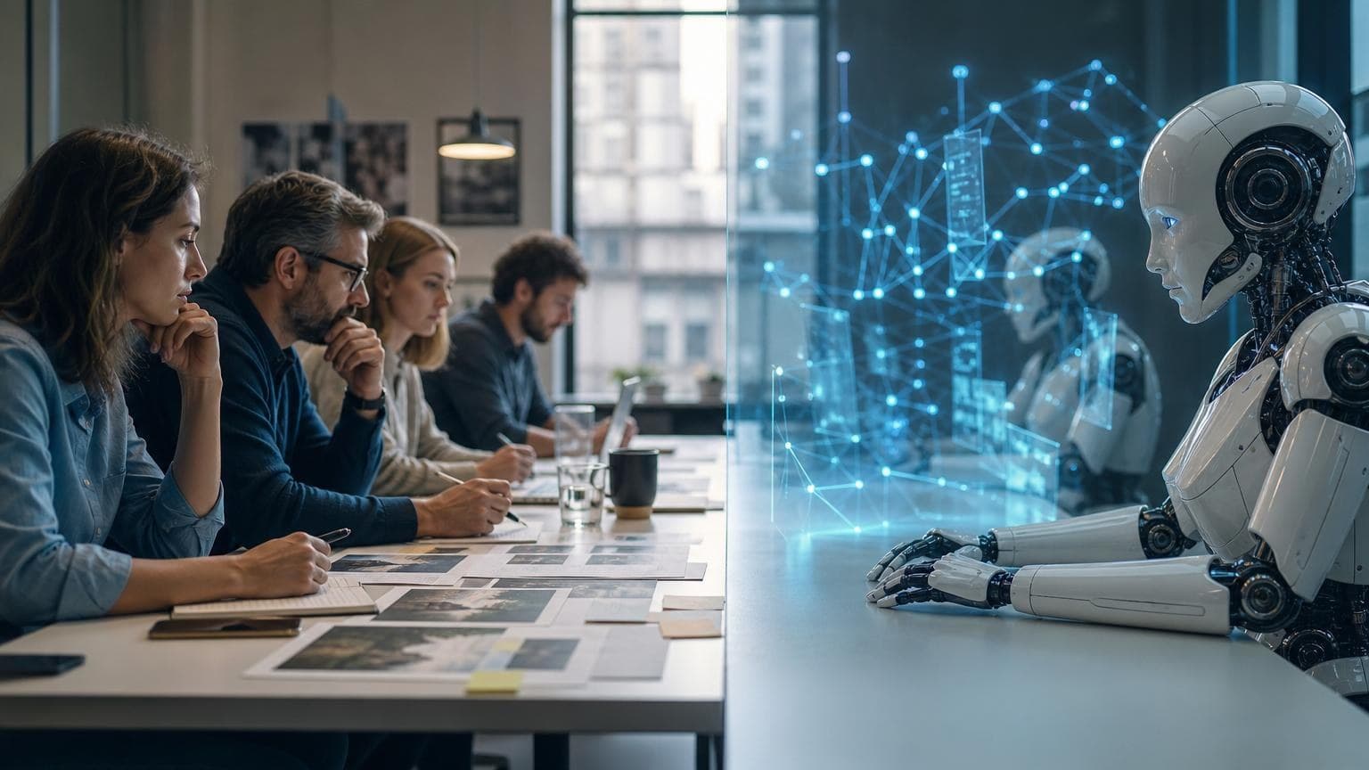 Four office workers sit at a long table facing a white humanoid robot, separated by a glowing blue digital data visualization.