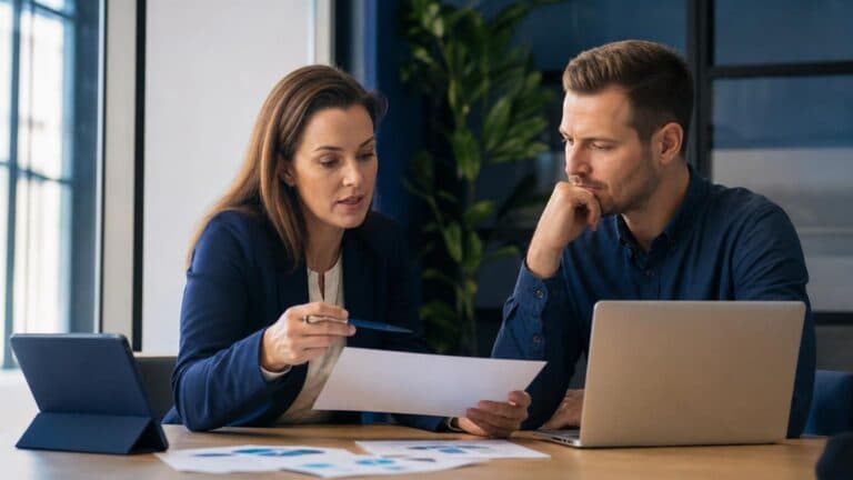 Two colleagues are going through documents and a laptop during a focused business meeting in a modern office.