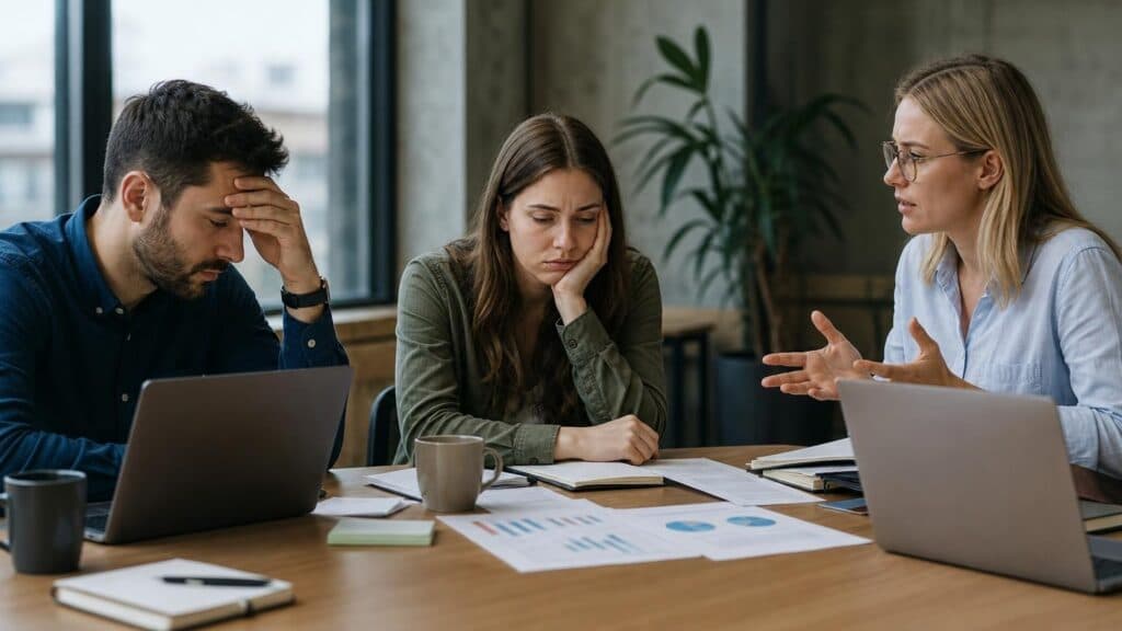 Three frustrated colleagues are sitting at a desk with their laptops and data reports, looking stressed and disheartened during a meeting.