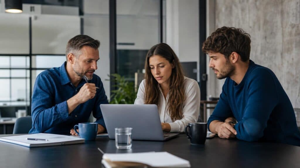 Three professionals are sitting at a table in an office, looking intently at a laptop screen during a collaborative meeting.