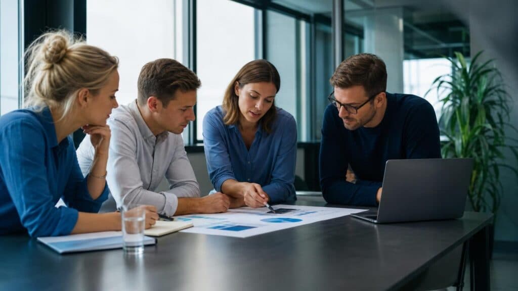Four colleagues in an office gather round a table to go through printed charts and data displayed on a computer screen.
