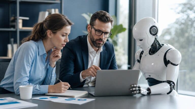 Two colleagues in an office are working alongside an AI robot at a desk whilst looking at a laptop screen.