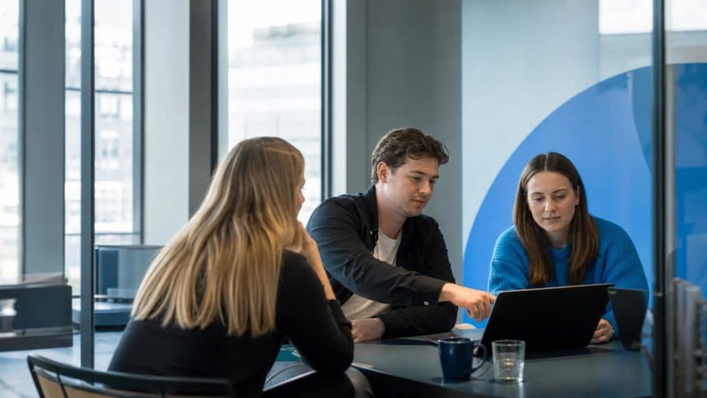 Three colleagues collaborating around a laptop in a bright, modern office with large windows and blue accents.