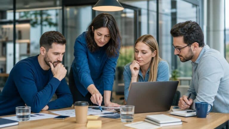 Four professionals in an office look focused as they go through documents and a laptop at a meeting table.